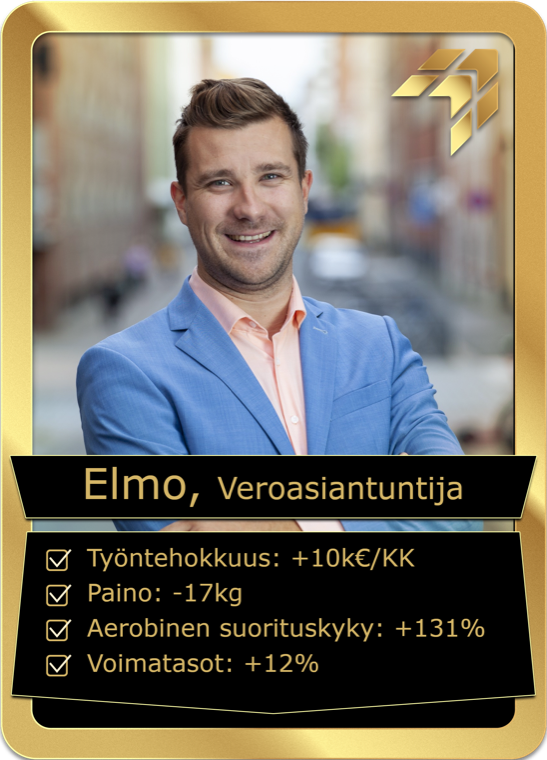 Elmo, veroasiantuntija — työteho +10 000 €/kk, paino −17 kg, aerobinen kunto +131 %, voima +12 %
