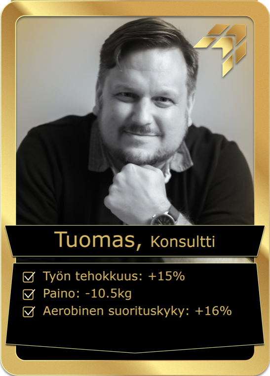 Tuomas, konsultti — työteho +15 %, paino −10,5 kg, aerobinen kunto +16 %